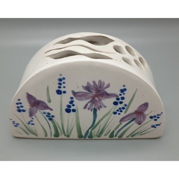 Ceramic Art Piece Vase Hand Thrown Painted Iris Floral Arrangement - Picture 7 of 9